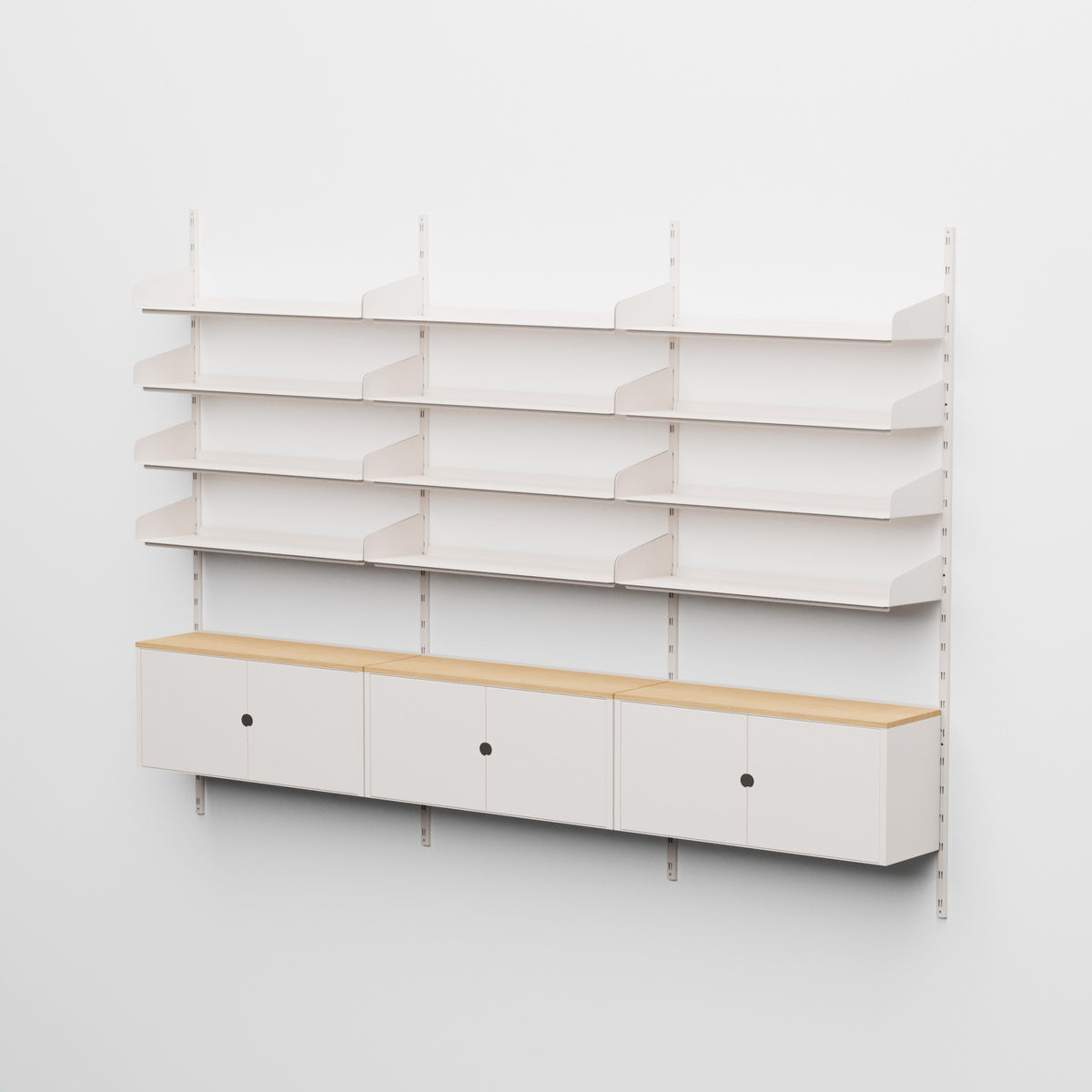 Linnea - Modulares Wandsystem - 12 Regalböden 90 cm und 3 Aufbewahrungsmodule, Dreifeld- Muschelweiß (RAL9001)
