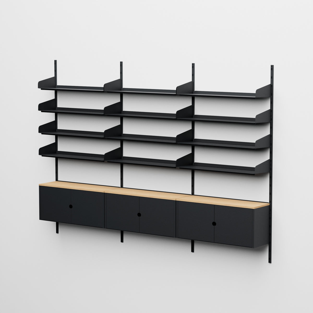 Linnea - Sistema modular de pared - 12 estantes de 90 cm y 3 módulos contenedores, vano triple - Negro grafito (RAL9011)