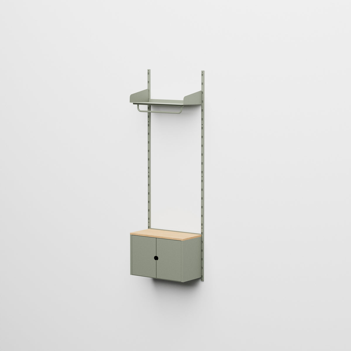 Linnea - Sistema modular de pared con barra para colgar ropa y módulo contenedor, tramo único (ancho 60 cm) - Verde fósil (RAL7033)
