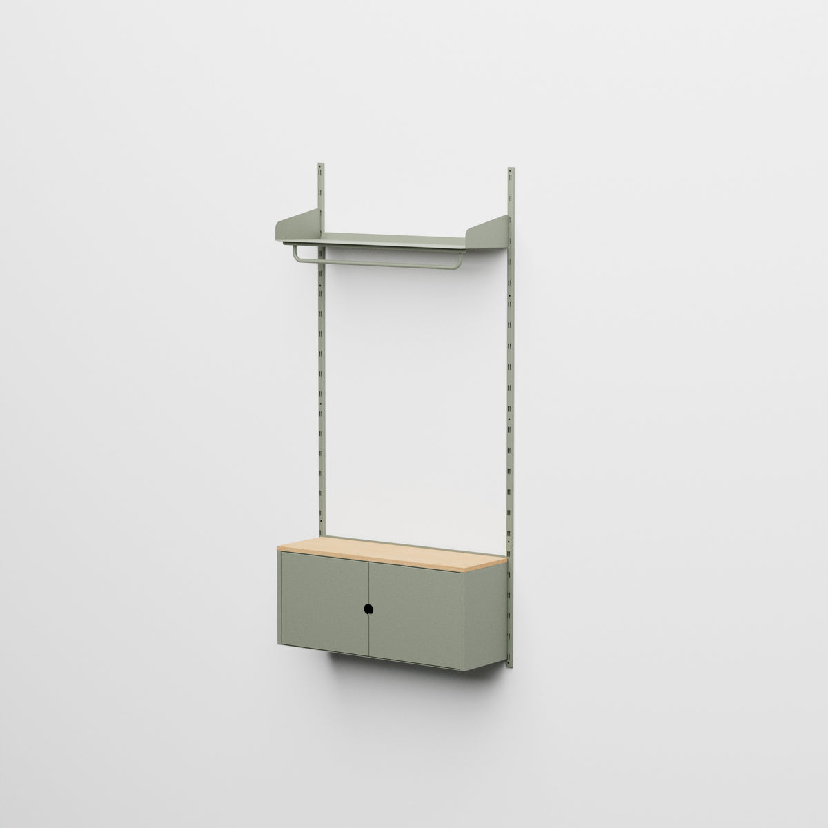 Linnea - Sistema modular de pared con barra para colgar ropa y módulo contenedor, tramo único (ancho 90 cm) - Verde fósil (RAL7033)