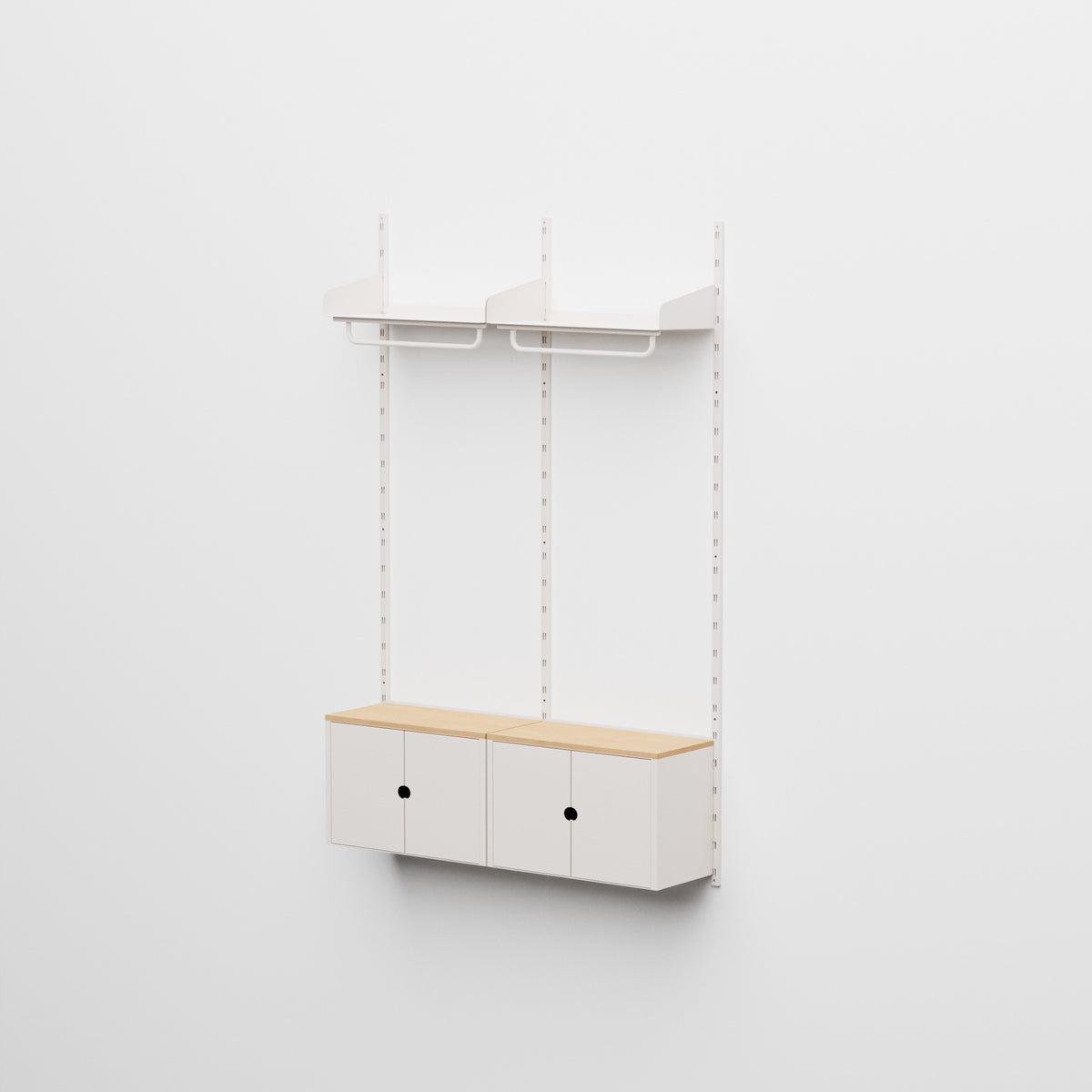 Linnea - Sistema modular de pared con 2 barras para colgar ropa y 2 módulos contenedores, tramo doble (ancho 60 cm) - Blanco Concha