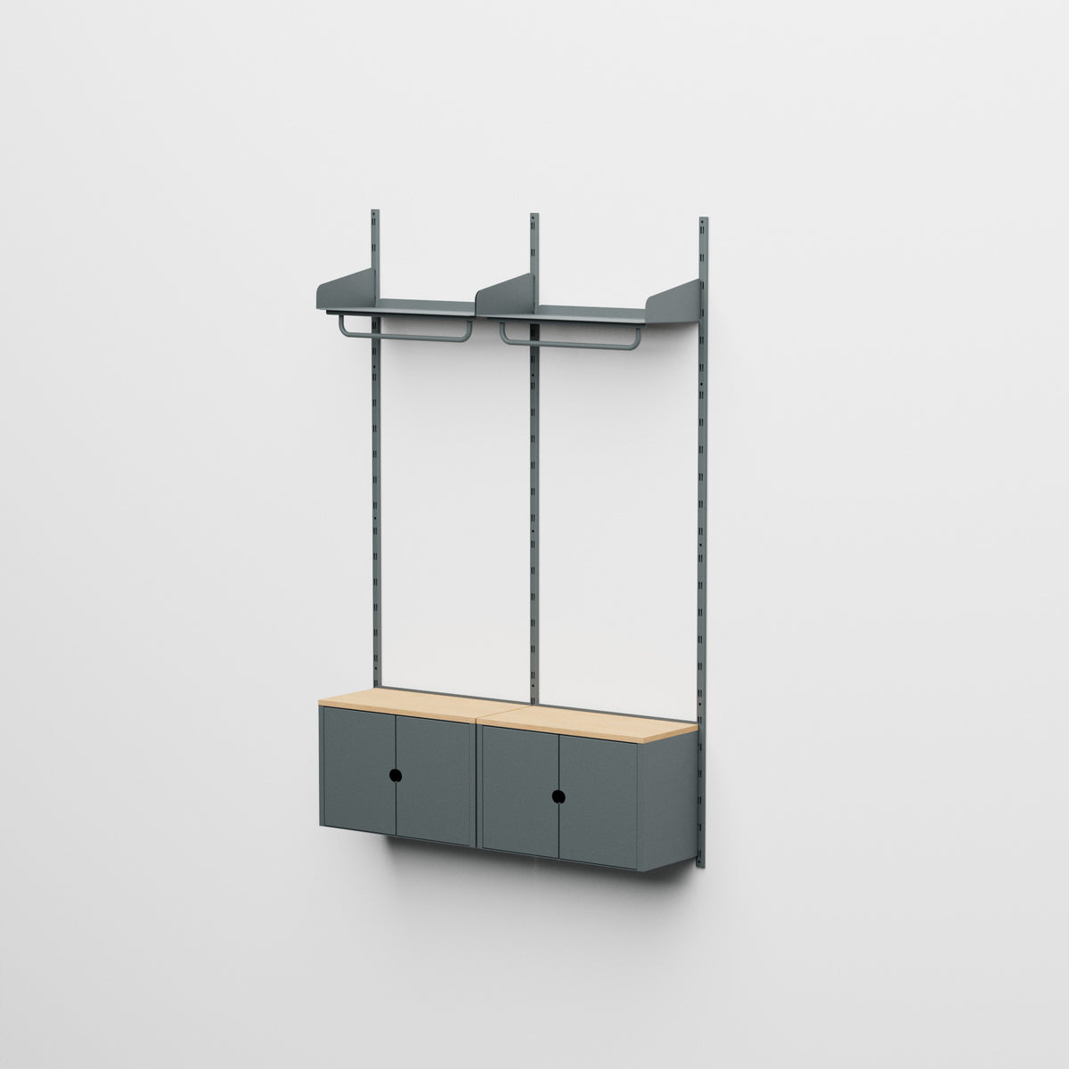 Linnea - Sistema modular de pared con 2 barras para colgar ropa y 2 módulos contenedores, tramo doble (ancho 60 cm) - Gris Basalto