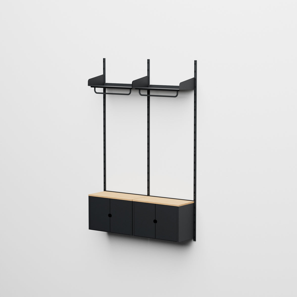 Linnea - Sistema modular de pared con 2 barras para colgar ropa y 2 módulos contenedores, tramo doble (ancho 60 cm) - Negro Grafito