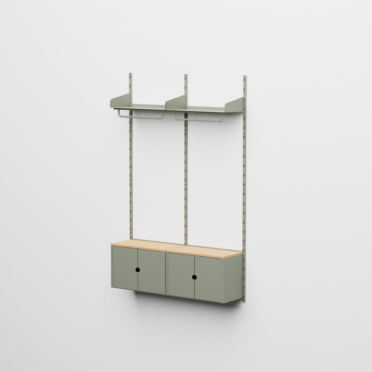 Linnea - Sistema modular de pared con 2 barras para colgar ropa y 2 módulos contenedores, tramo doble (ancho 60 cm) - Verde Fósil