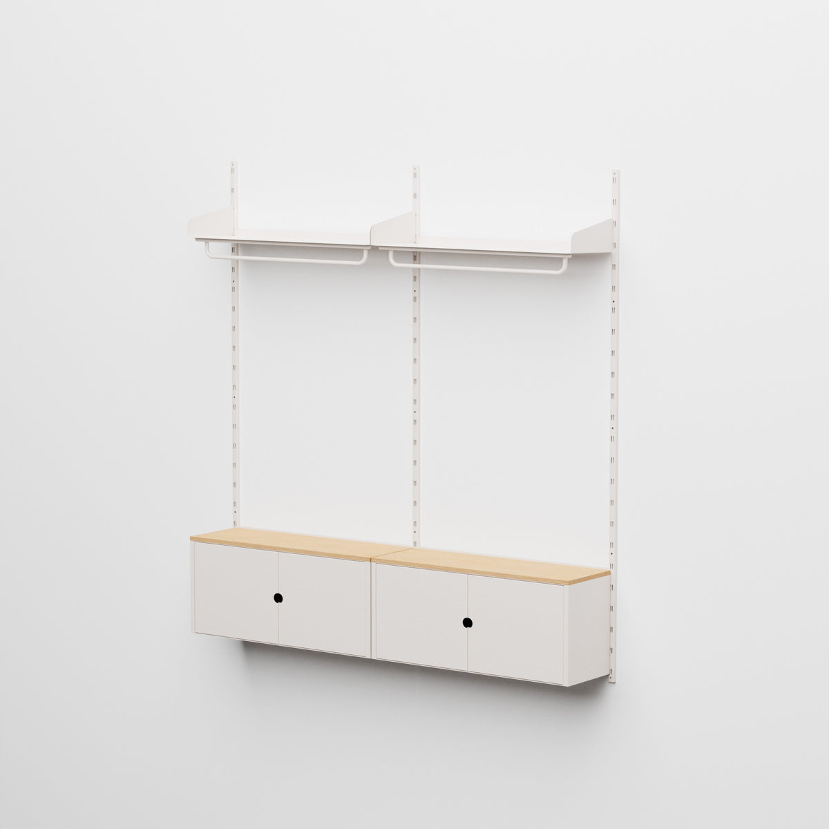 Linnea - Sistema modular de pared con 2 barras para colgar ropa y 2 módulos contenedores, tramo doble (ancho 90 cm) - Blanco Concha