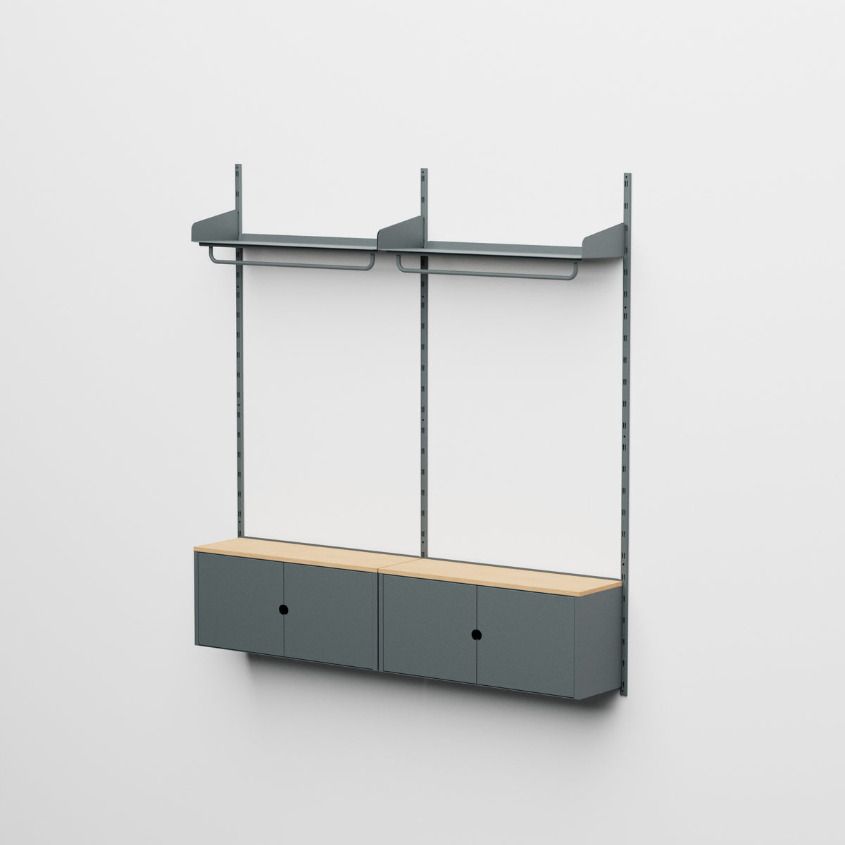 Linnea - Sistema modular de pared con 2 barras para colgar ropa y 2 módulos contenedores, tramo doble (ancho 90 cm) - Gris Basalto