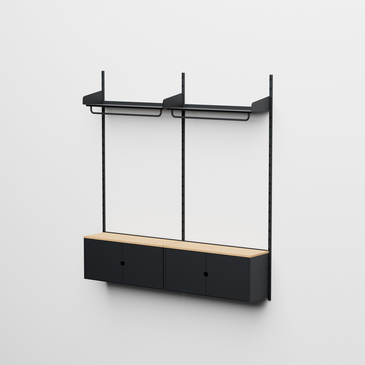 Linnea - Sistema modular de pared con 2 barras para colgar ropa y 2 módulos contenedores, tramo doble (ancho 90 cm) - Negro Grafito
