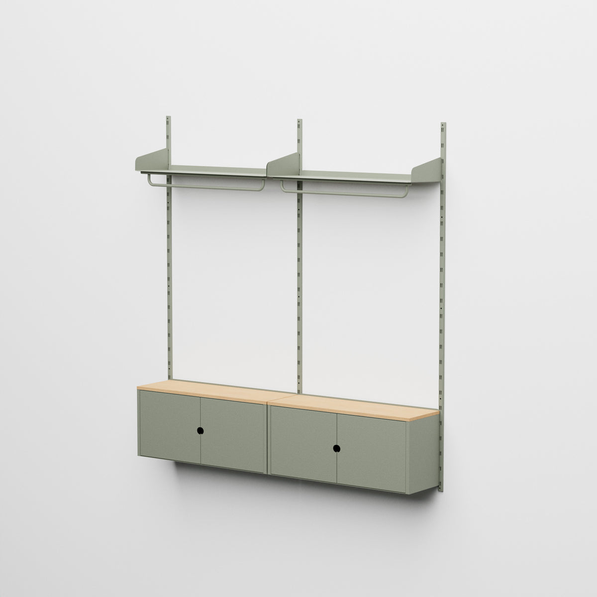 Linnea - Sistema modular de pared con 2 barras para colgar ropa y 2 módulos contenedores, tramo doble (ancho 60 cm) - Verde Fósil