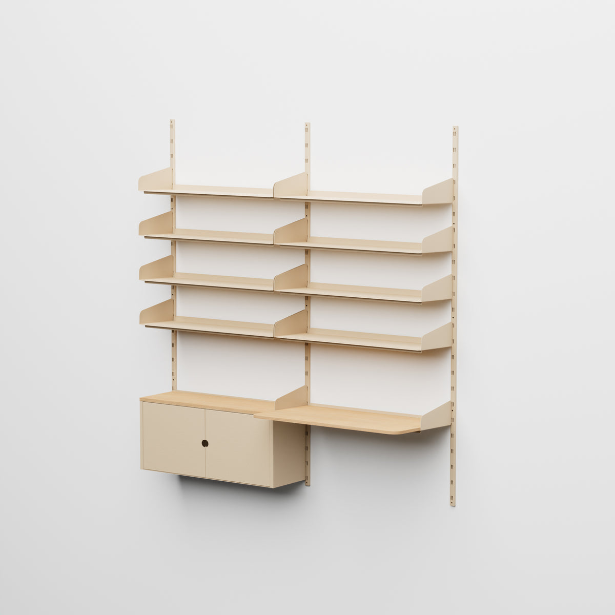 Linnea - Système modulaire mural - avec 8 étagères de 90 cm, 1 module de rangement et bureau suspendu, travée double - Beige Luxor (COD01183)