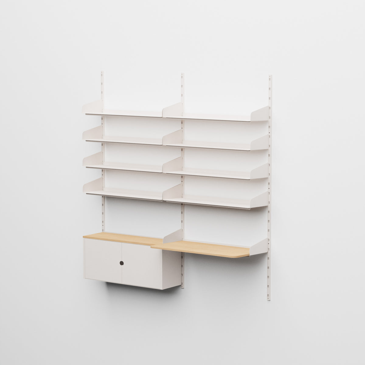 Linnea - Sistema modular de pared -con 8 estantes de 90 cm, 1 módulo contenedor y escritorio suspendido, vano doble - Blanco concha (RAL9001)