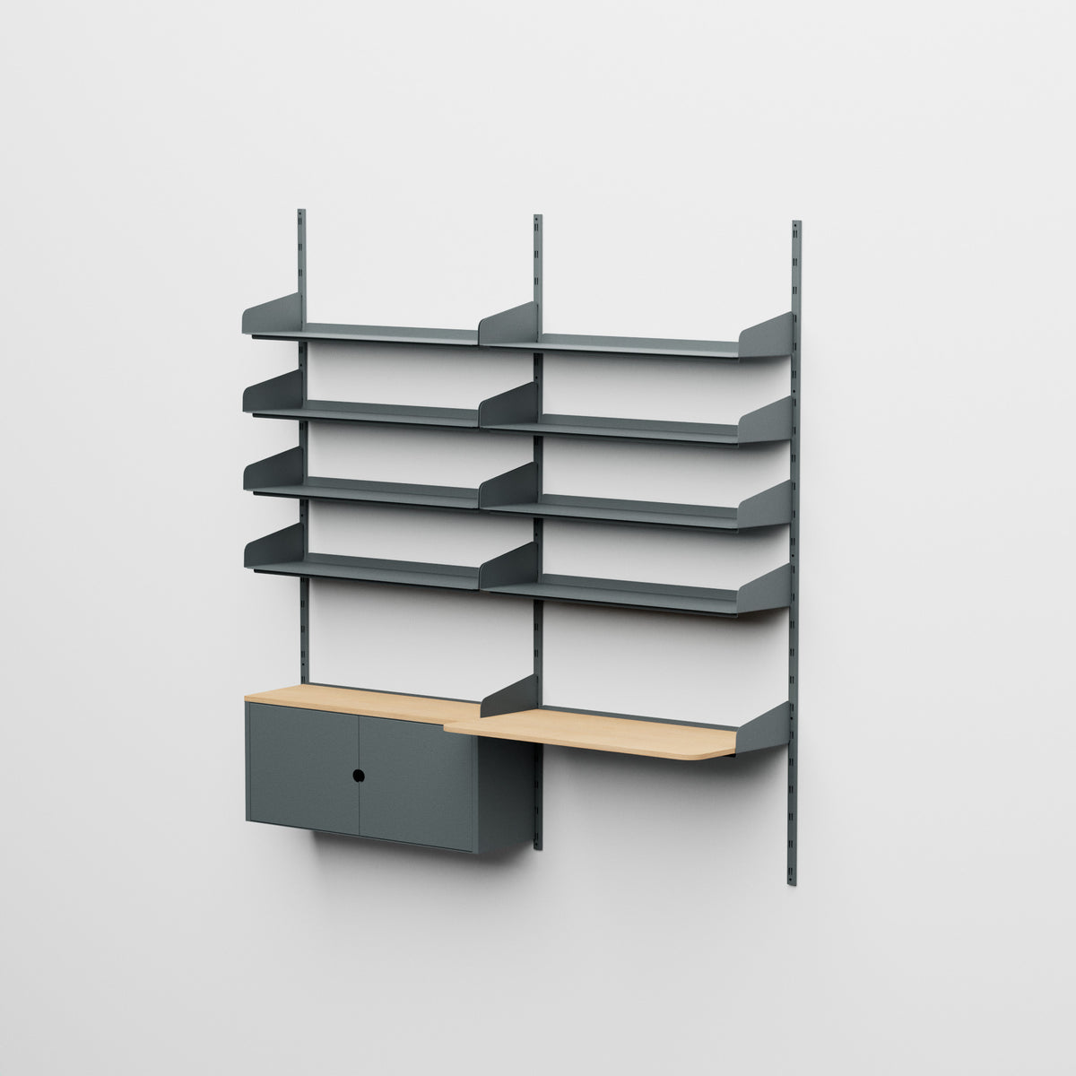 Linnea - Sistema modular de pared -con 8 estantes de 90 cm, 1 módulo contenedor y escritorio suspendido, vano doble - Gris basalto (RAL7012)