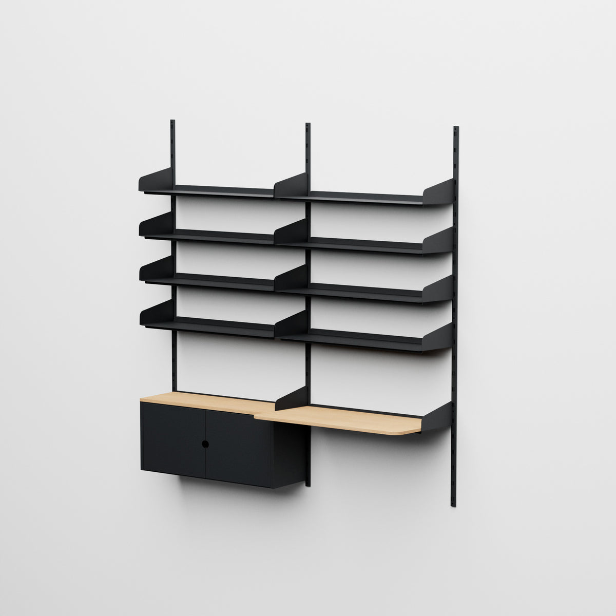 Linnea - Sistema modular de pared - con 8 estantes de 90 cm, 1 módulo contenedor y escritorio suspendido, vano doble - Negro grafito (RAL9011)