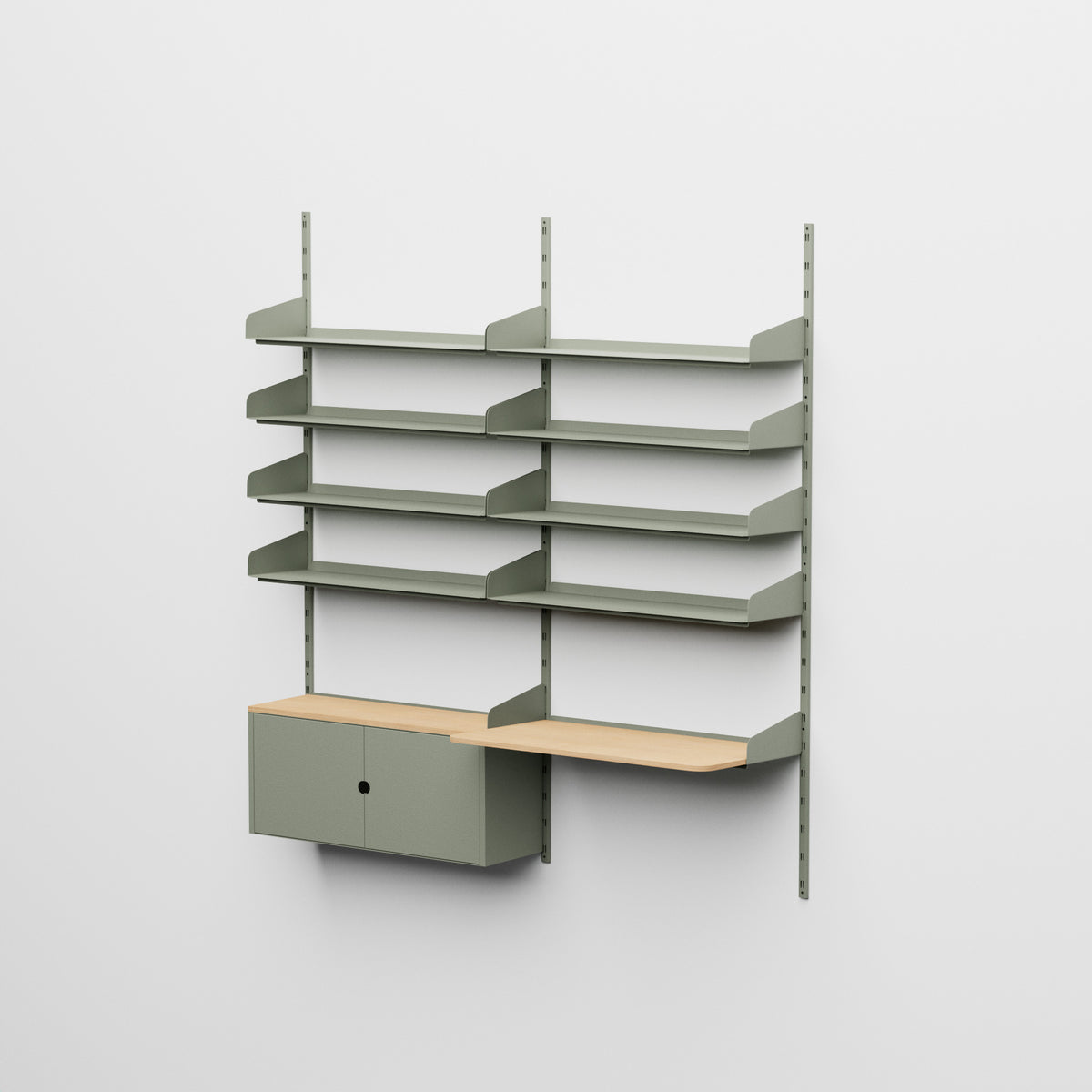 Linnea - Sistema modular de pared con 8 estantes de 90 cm, módulo contenedor y escritorio suspendido, módulo doble - Verde fósil (RAL7033)