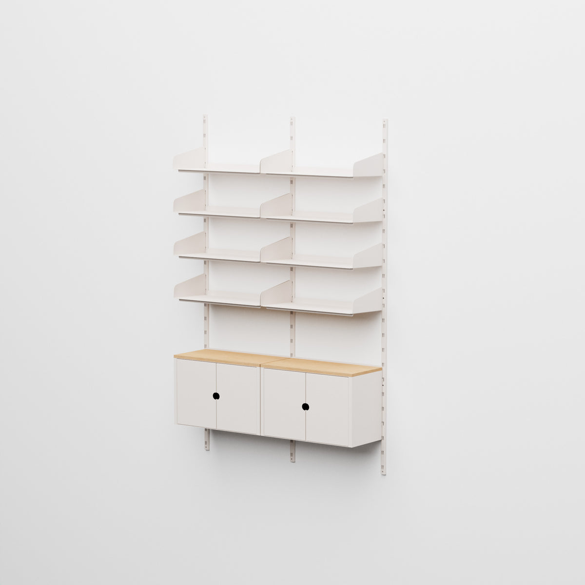 Linnea - Modulares Wandsystem - 8 Regalböden 60 cm und 2 Aufbewahrungsmodule, Doppelfeld - Muschelweiß (RAL9001)