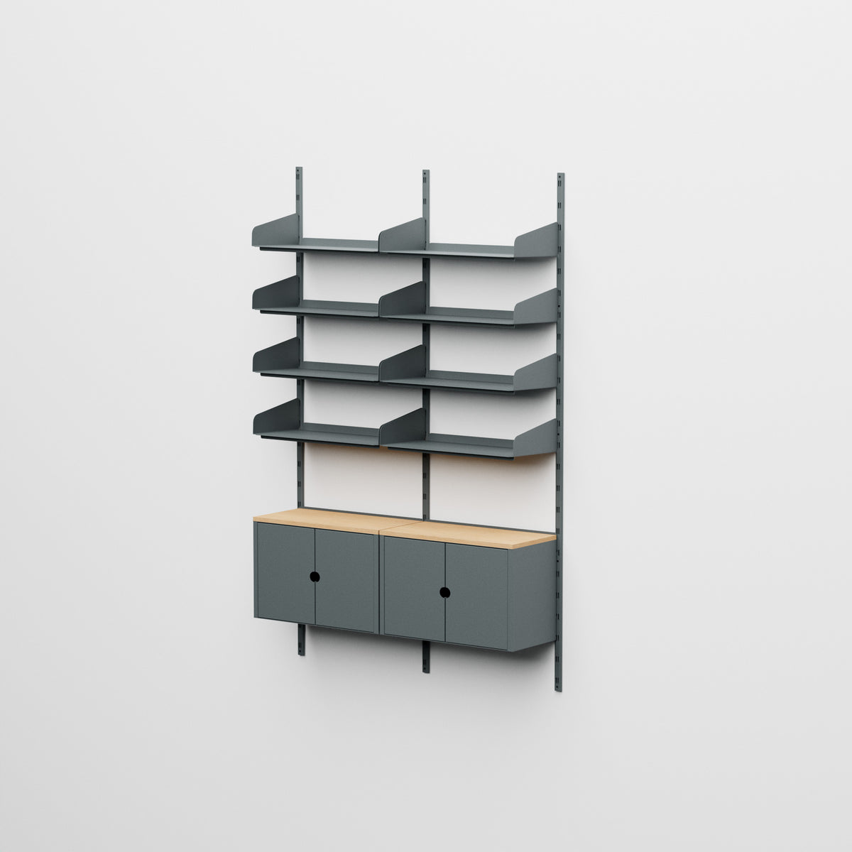 Linnea - Modulares Wandsystem - 8 Regalböden 60 cm und 2 Aufbewahrungsmodule, Doppelfeld - Basaltgrau (RAL7012)