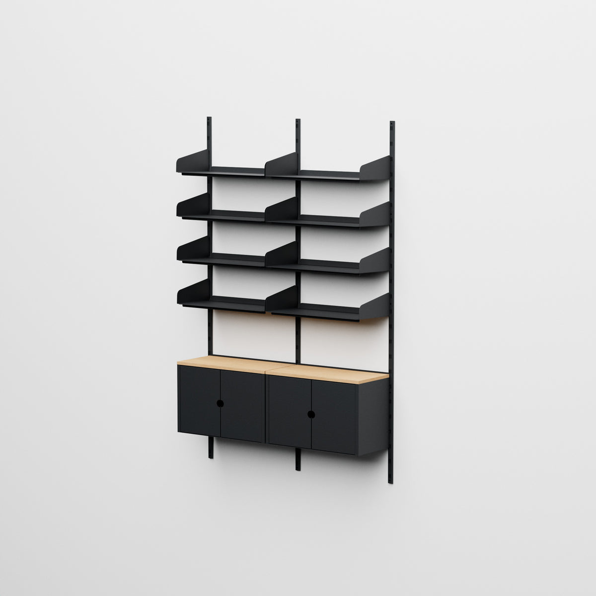 Linnea - Modulares Wandsystem - 8 Regalböden 60 cm und 2 Aufbewahrungsmodule, Doppelfeld - Graphitschwarz (RAL9011)