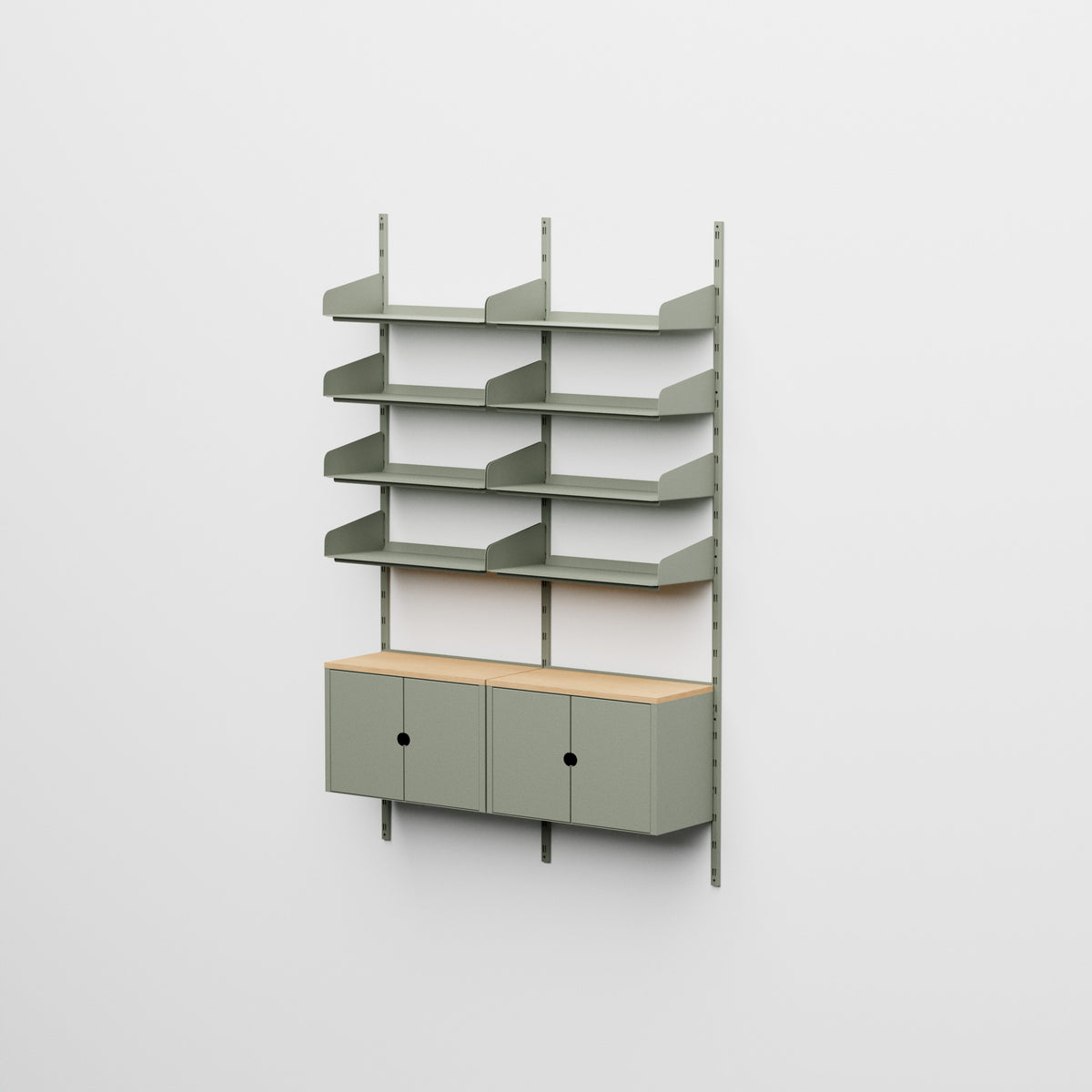 Linnea - Modulares Wandsystem mit 8 Regalböden à 60 cm und 2 Stauraummodulen, zweifeldrig - Fossilgrün (RAL7033)