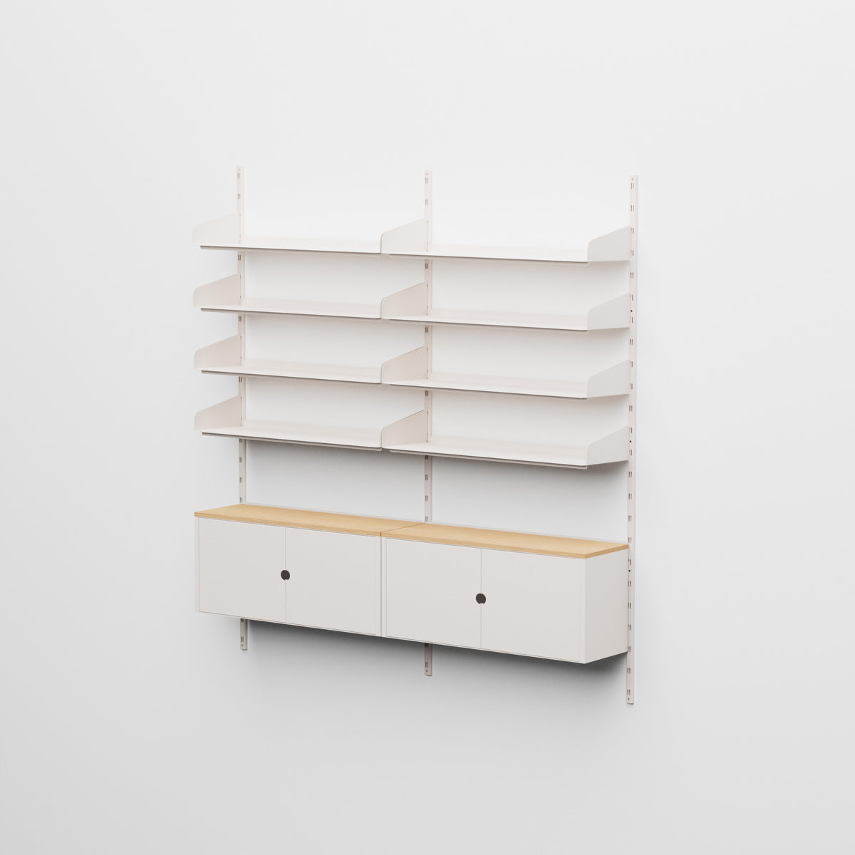 Linnea - Sistema modular de pared - 8 estantes de 90 cm y 2 módulos contenedores, tramo doble - Blanco concha (RAL9001)