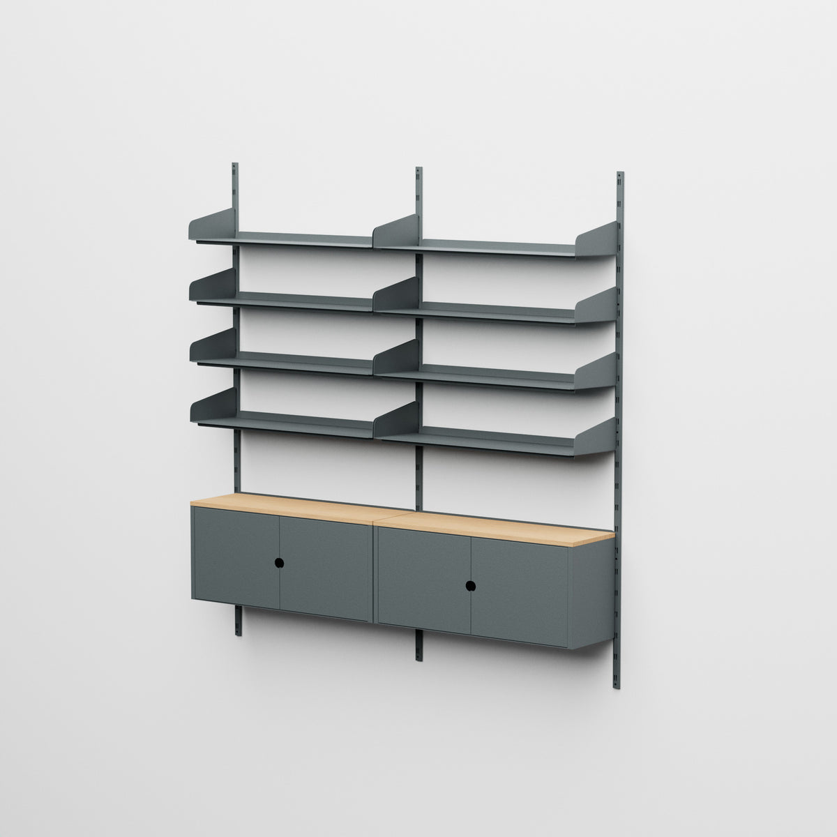 Linnea - Sistema modular de pared - 8 estantes de 90 cm y 2 módulos contenedores, tramo doble - Gris basalto (RAL7012)