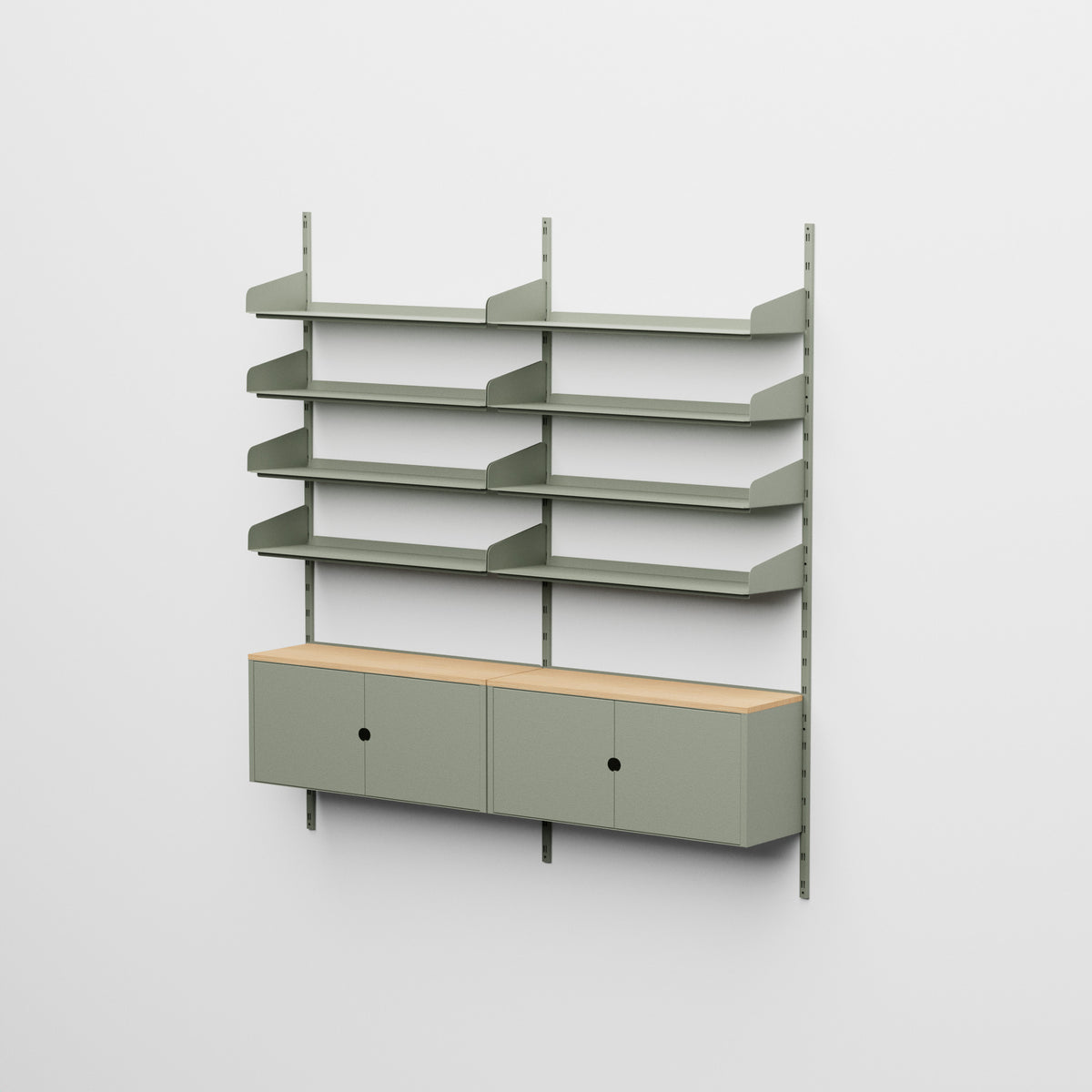 Linnea - Sistema modular de pared con 8 estantes de 90 cm y 2 módulos contenedores, módulo doble - Verde fósil (RAL7033)